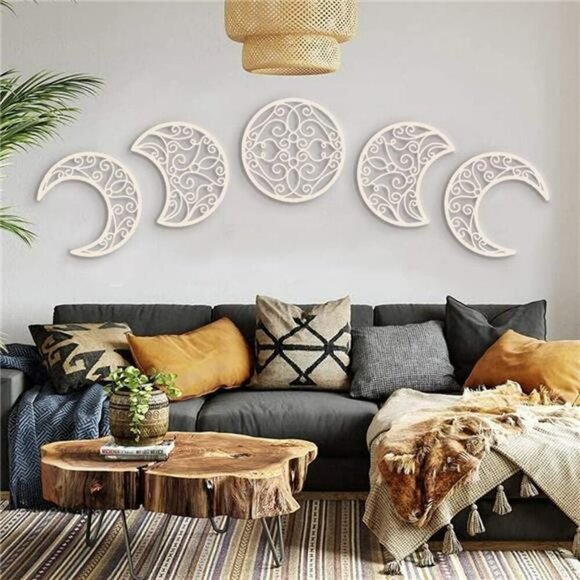 Nordic Wood Moon Phase Wall Art (5 Pieces) - Natural Design, Boho Bedroom - Picture 4 of 8